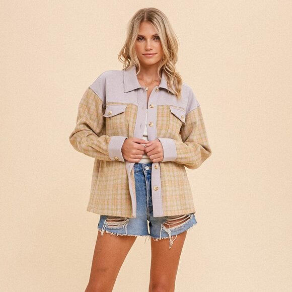 HEM & THREAD Plaid Shacket, Pastel Lilac & Beige, Oversized Button Down Jacket - Picture 2 of 6